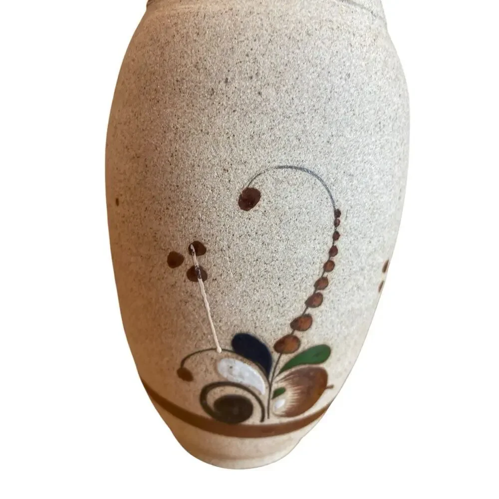 Mexican Tonala Vase Folk Art Stoneware Vase with Bird and Flower Detail